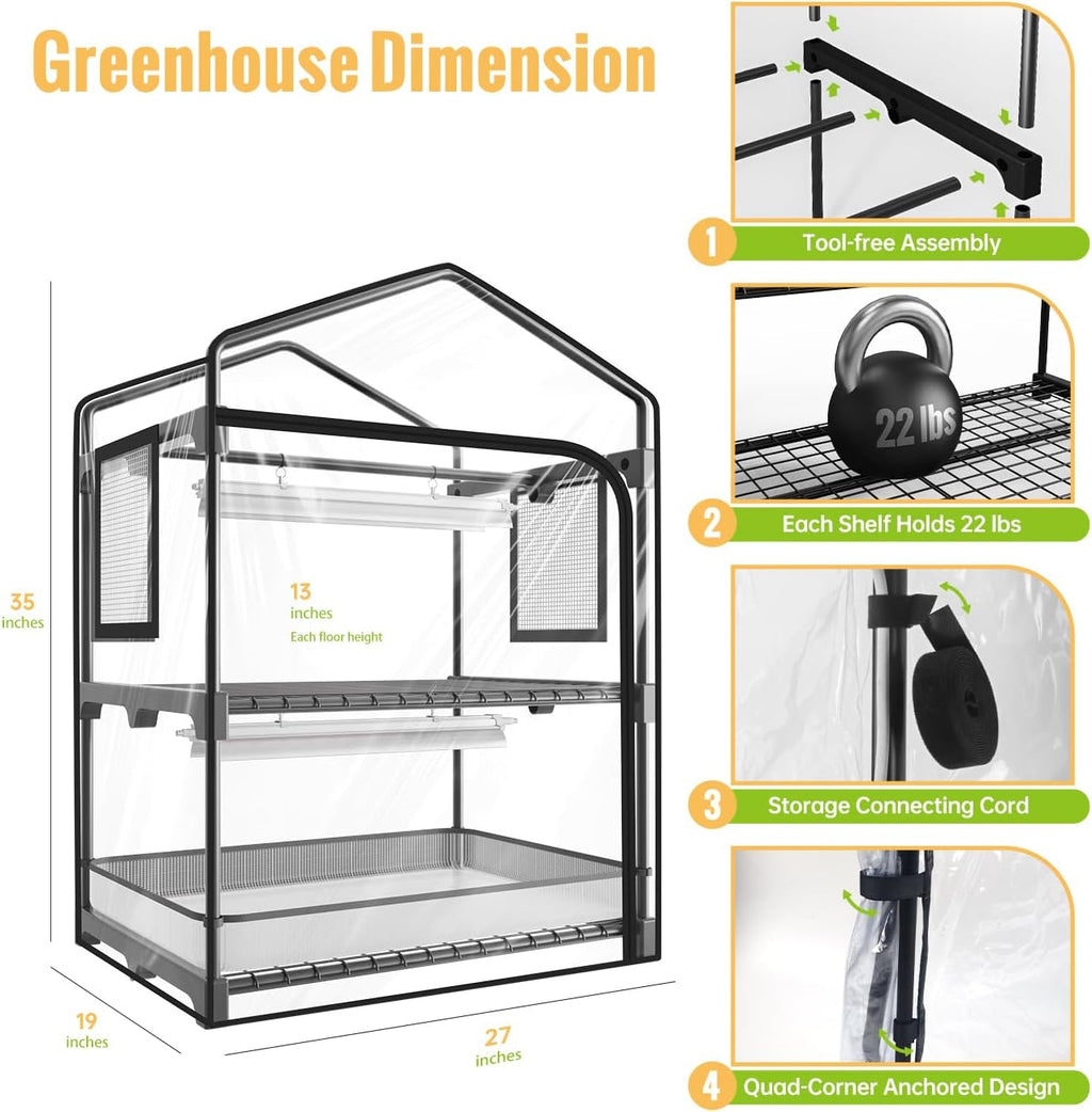 Indoor Greenhouse with Grow Light, 2-Tier Plant Stand, 27x19x35in | 1.64FT T5 Grow Light for Seedlings, PVC Tent with