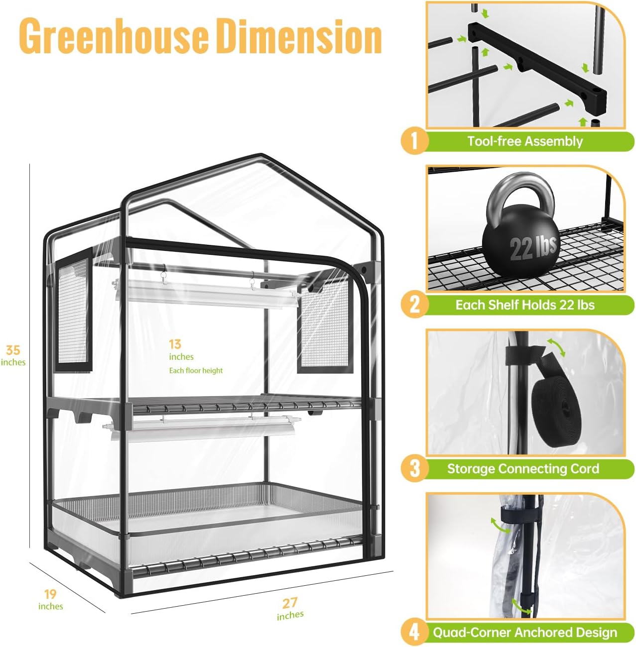 Indoor Greenhouse with Grow Light, 2-Tier Plant Stand, 27x19x35in | 1.64FT T5 Grow Light for Seedlings, PVC Tent with
