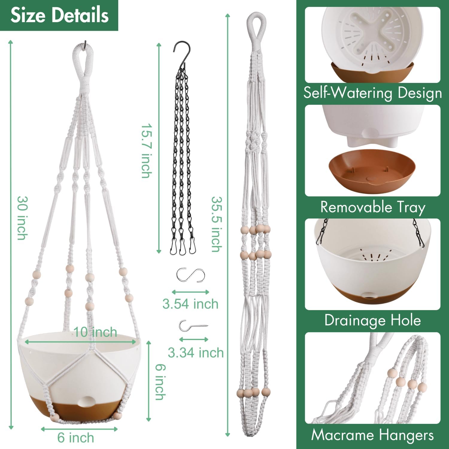 Set of 2-10 Inch Hanging Planters for Indoor Plants with Self-Watering Includes Hanging Pots for Plants, Outdoor