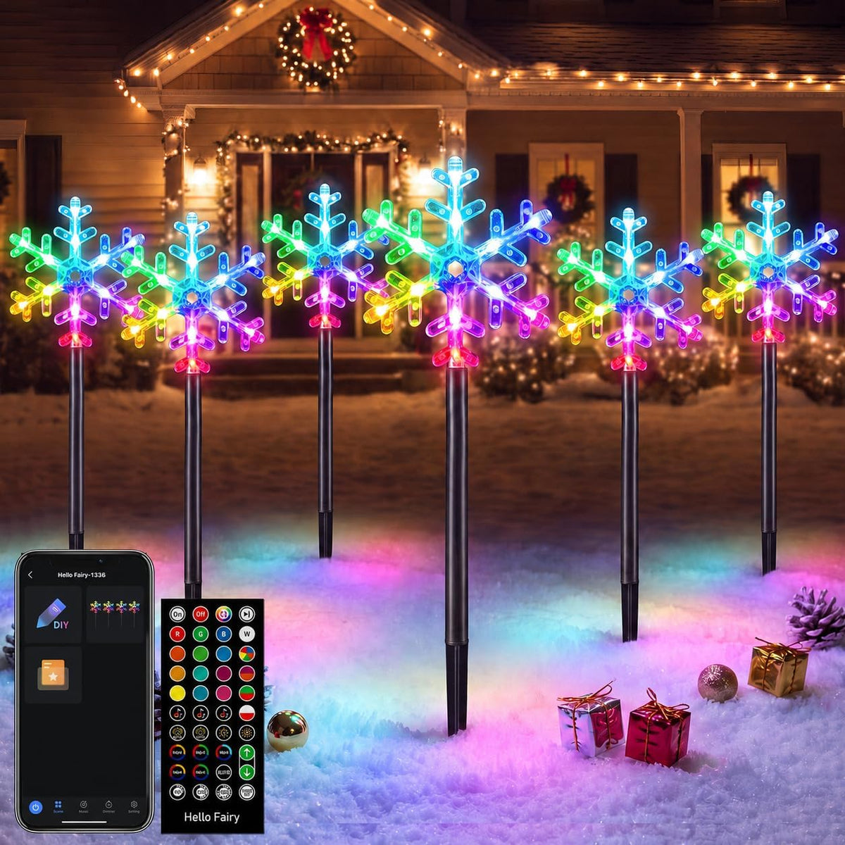 FREECUBE 6 Pack Smart Snowflake Pathway Lights with APP & Remote Control, RGB DIY, Music & Timer, 80+ Scene Mode Lighted Snowflake Christmas Decorations for Yard, Patio, Walkway