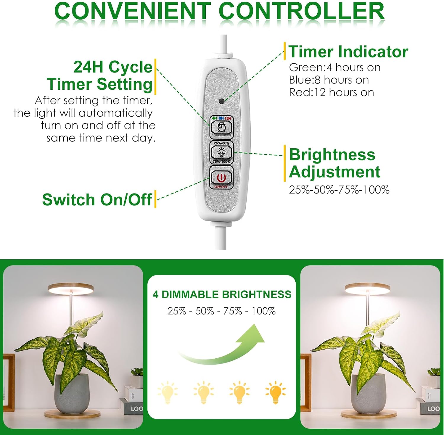 LORDEM Grow Lights for Indoor Plants with Base, Bamboo Design, Timer | 72 LEDs Full Spectrum Plant Lights, 4 Brightness