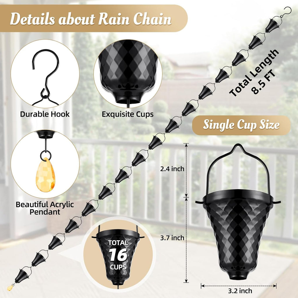 8.5 FT Black Rain Chain with 16 Cups for Gutters Downspouts Outside | Large Opening to Avoid Splashing, Instruction for