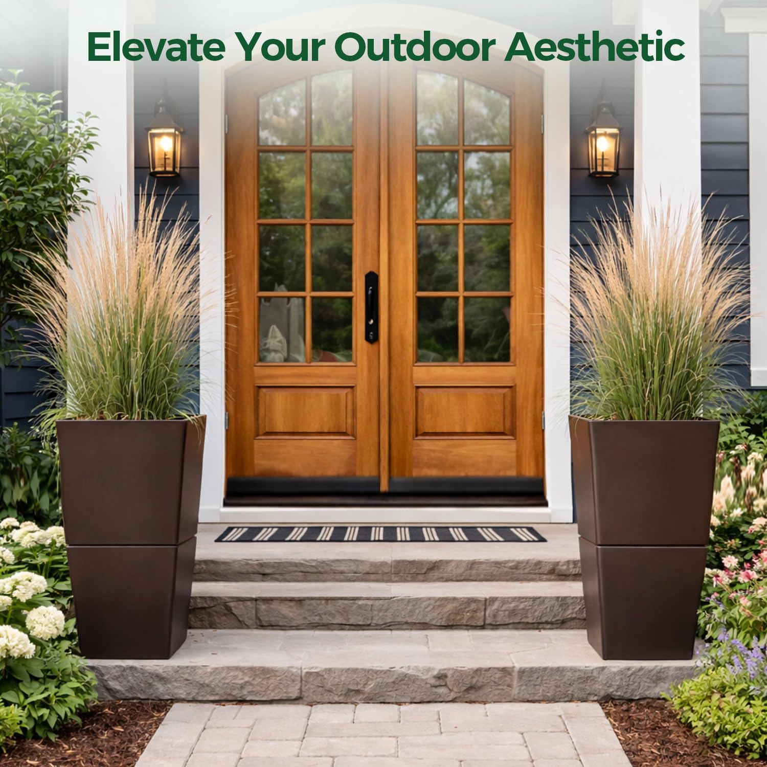 T4U Tall Planter for Outdoor Plants 2 Pack, Large Plastic Pots Brown | Patio porch deck use, Stackable design with