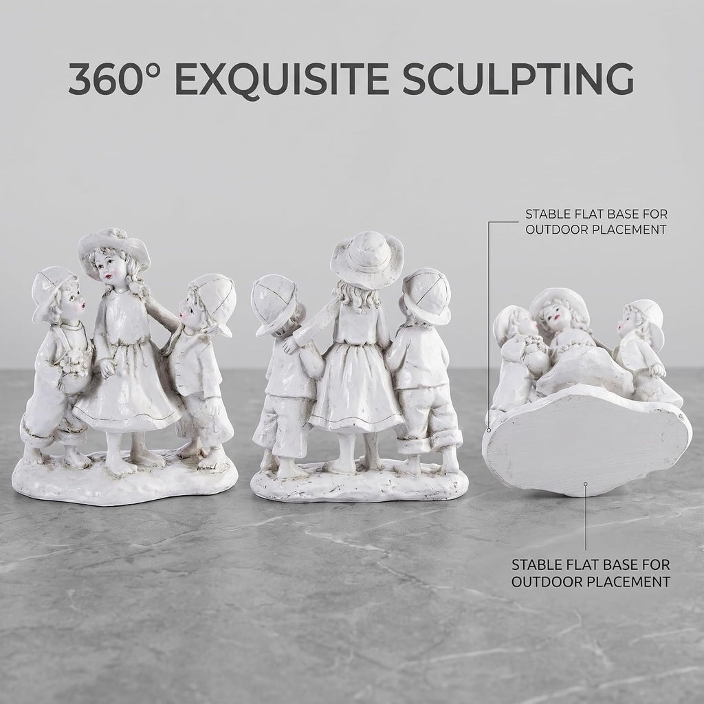 Garden Statues Three Children Figurine Vintage Family Sculpture White Distressed Resin Outdoor and Indoor Garden