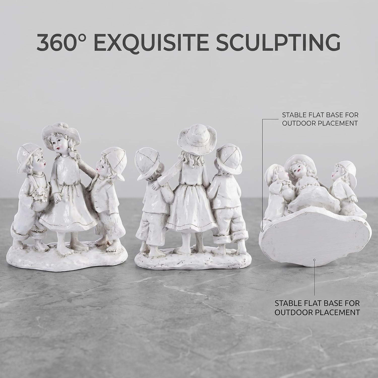 Garden Statues Three Children Figurine Vintage Family Sculpture White Distressed Resin Outdoor and Indoor Garden