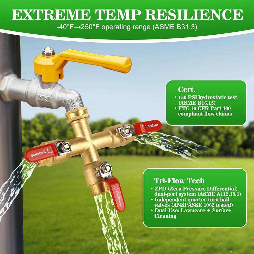 Hose Splitter 3 Way Heavy Duty Brass Garden Hose Splitter with 304 Stainless Steel Long Handle Outdoor Full Flow Hose