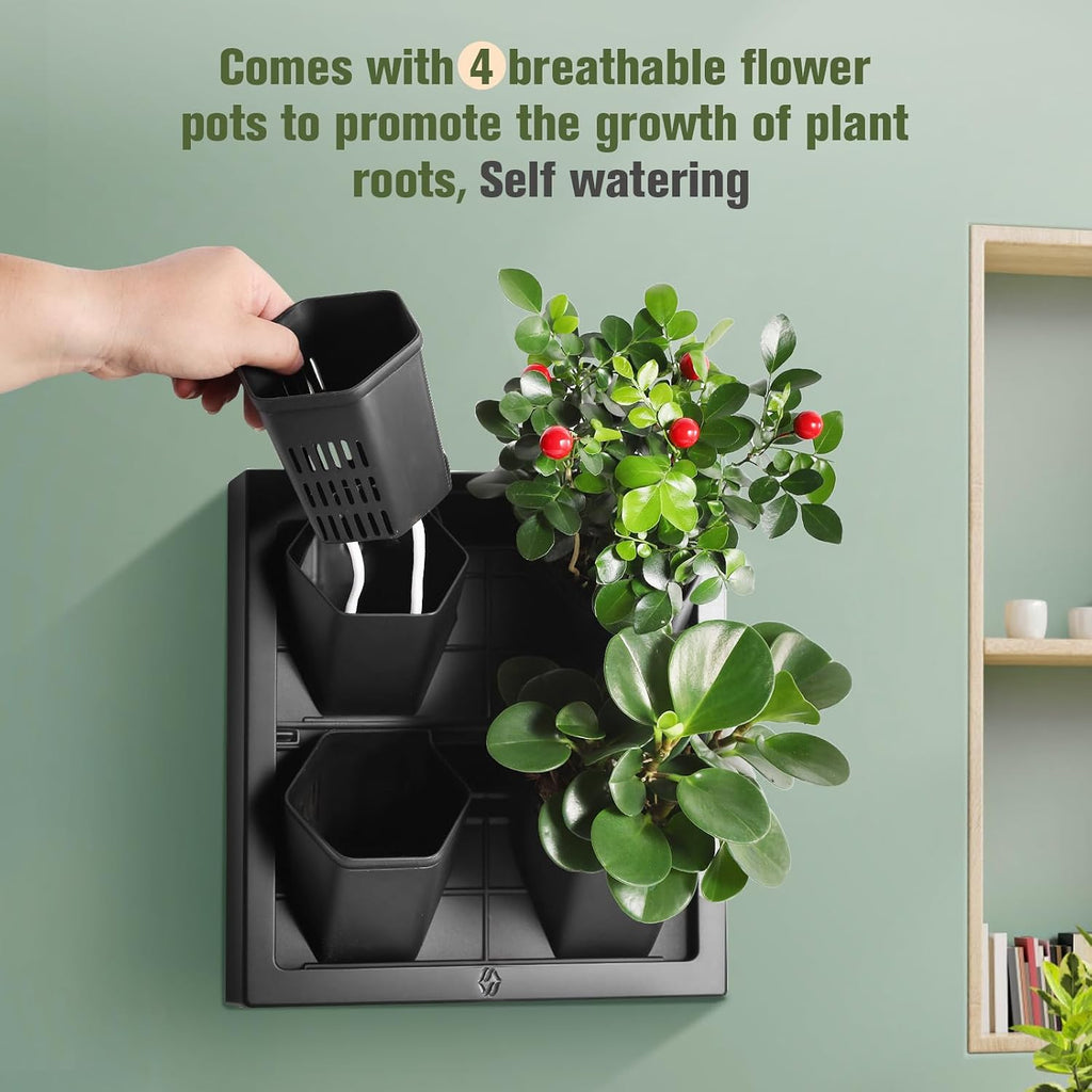 Wall Mounted Planter, Vertical Garden with 4 Grow Pots | Ready-to-use wall planter with 4 pots for herbs, succulents