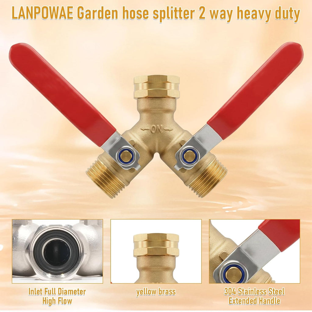 Garden Hose Splitter 2 Way, Heavy Duty Brass Y Valve Water Hose Splitter With Stainless Steel Long Handle Outdoor Full