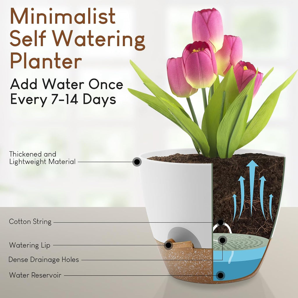 YNNICO Plant Pots 10/9/8/7.5/7 inch, Self Watering Planters with Drainage Holes & Saucers for Indoor and Outdoor Plants