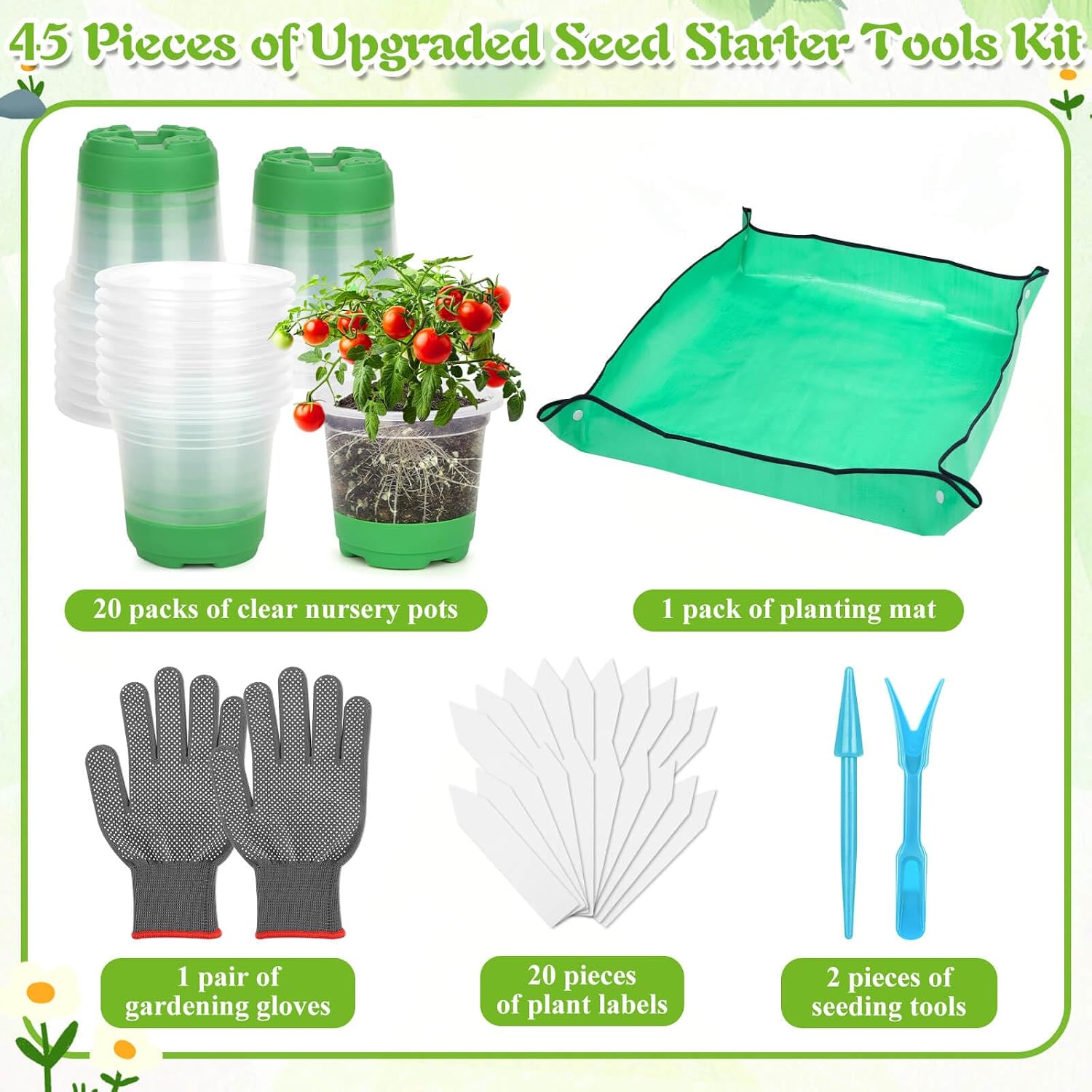 Caffox 45PCS Reusable Seed Starter Kit Includes 20 Packs 5" Clear Nursery Pots with Silicone Base, Repotting Mat