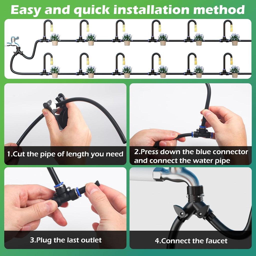 Drip Irrigation System Kit 100 FT with 32 Nozzles, 360° Adjustable Bendable Garden Watering Misting System for