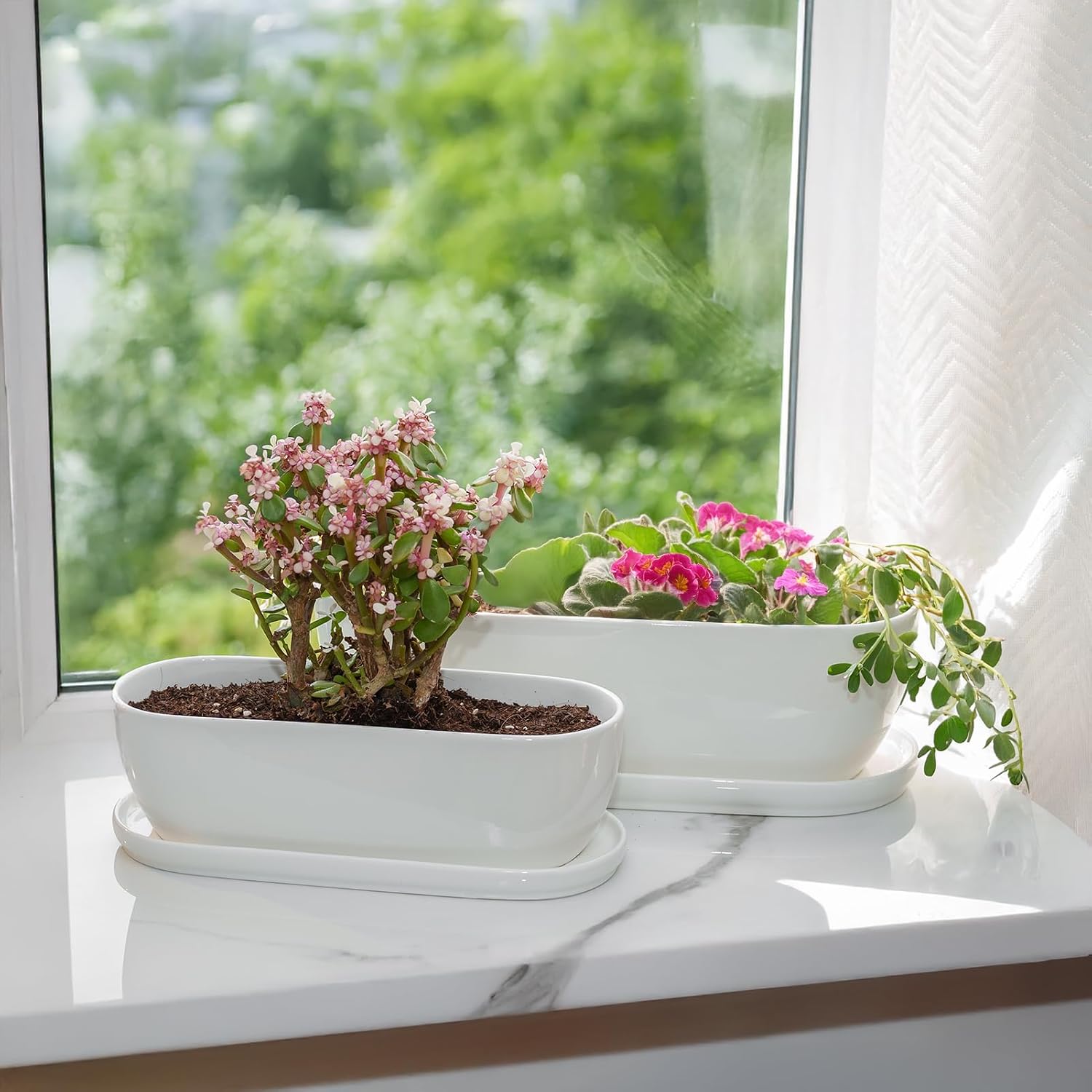 E-liu 11 Inch Oval Ceramic Planter Pot with Drainage Hole Saucers | Rectangular Succulents Planter Home Decor for