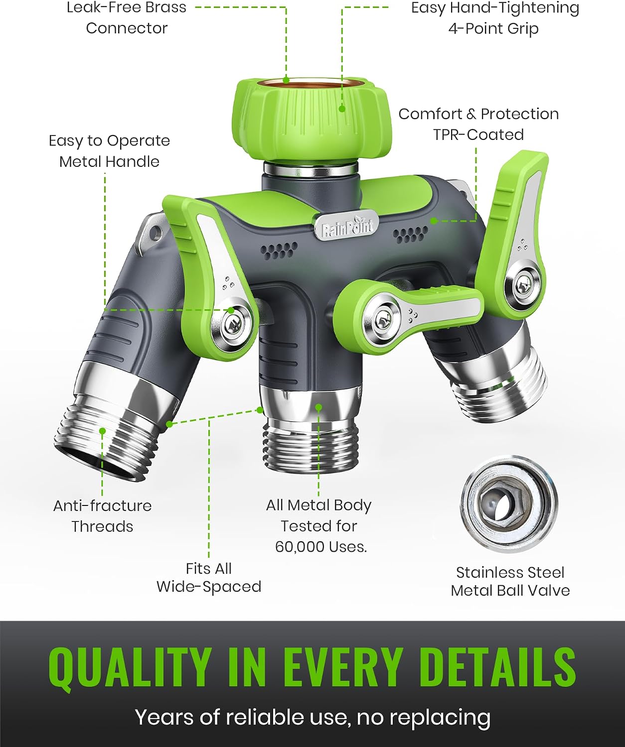 RAINPOINT 3 Way Hose Splitter, 100% Metal Heavy Duty Garden Hose Splitter With 1.9" Extra Long Handle & Individual Shut