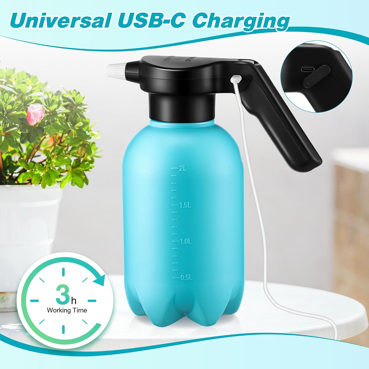 0.5 Gallon Electric Spray Bottle Plant Mister Blue Style | Rechargeable Battery Powered Sprayer with Adjustable Spout