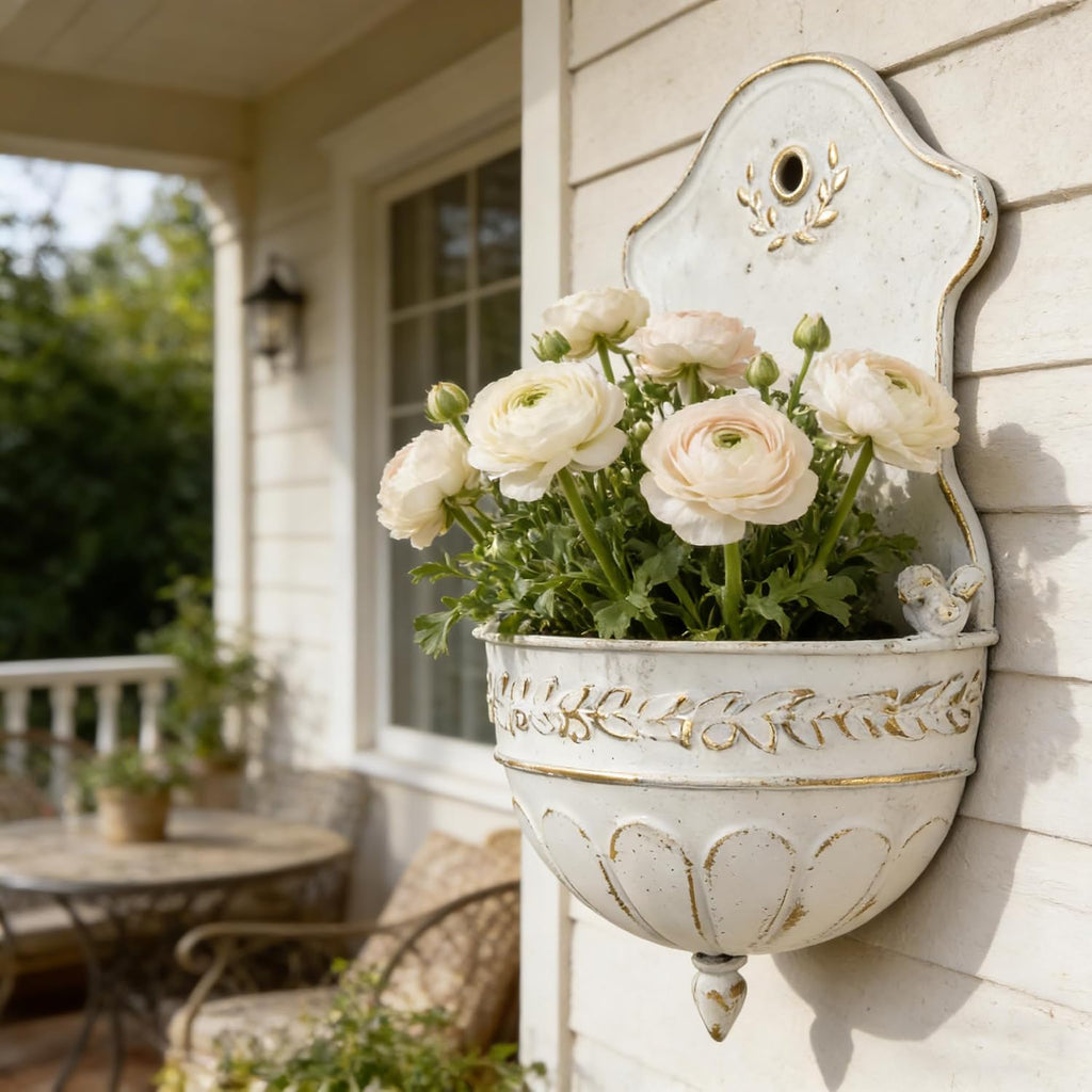Vintage Distressed White Metal Wall Planter, Rustic Hanging Pocket Planter with Scrollwork & Scalloped Design