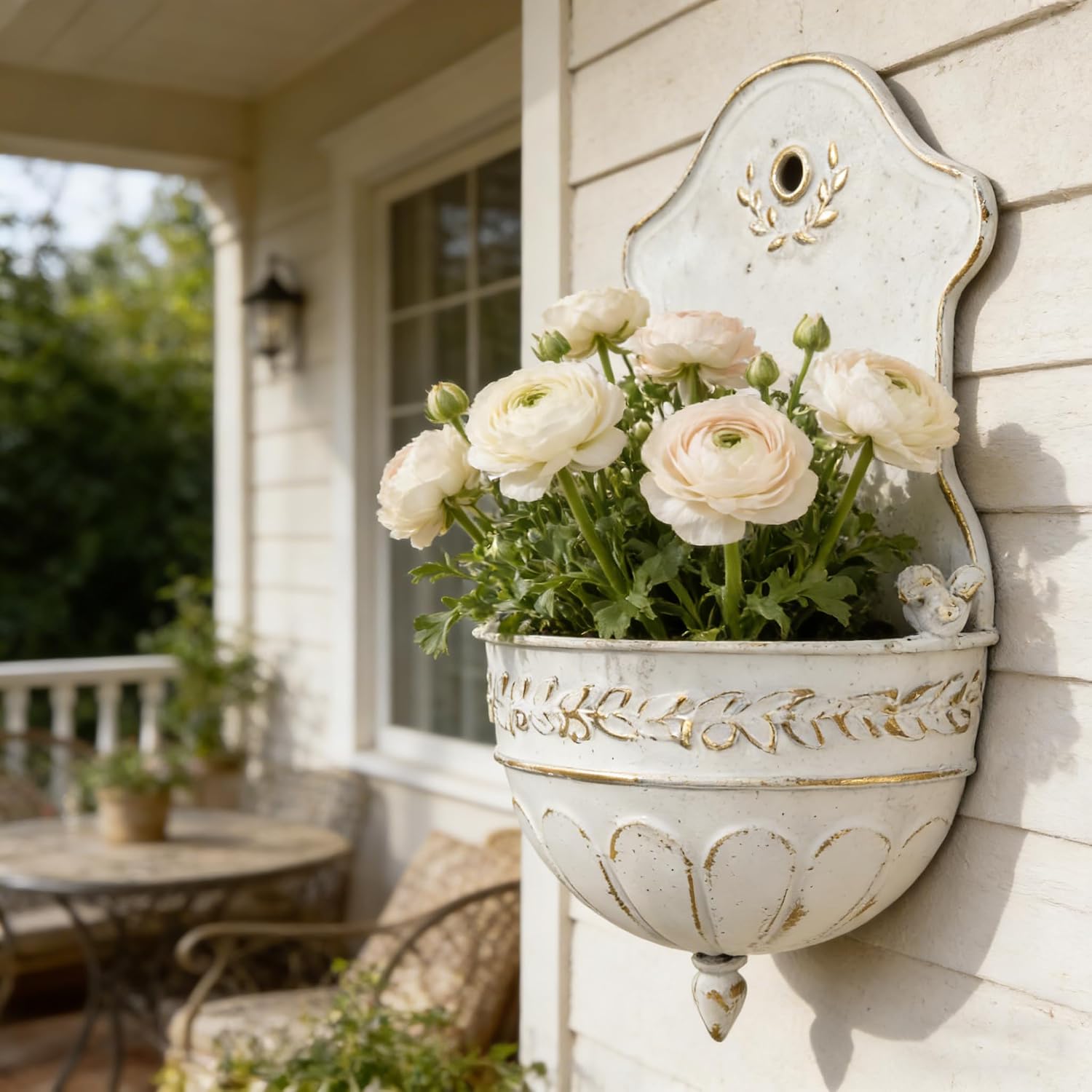 Vintage Distressed White Metal Wall Planter, Rustic Hanging Pocket Planter with Scrollwork & Scalloped Design