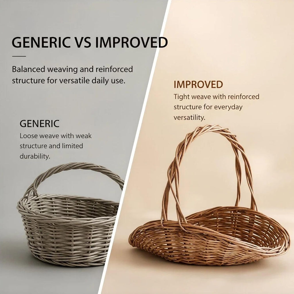 Rattan Basket with Handle, Wicker Garden Harvest Basket for Vegetables and Fruit, Handwoven Picnic Basket for Storage