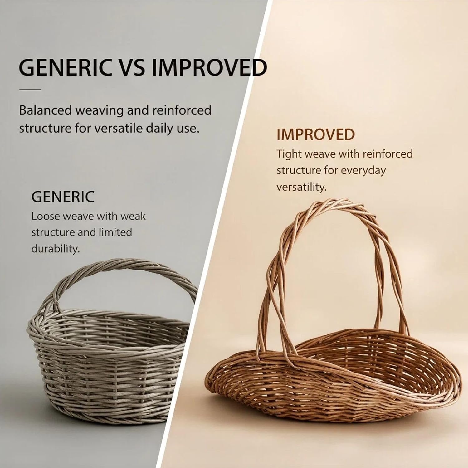Rattan Basket with Handle, Wicker Garden Harvest Basket for Vegetables and Fruit, Handwoven Picnic Basket for Storage