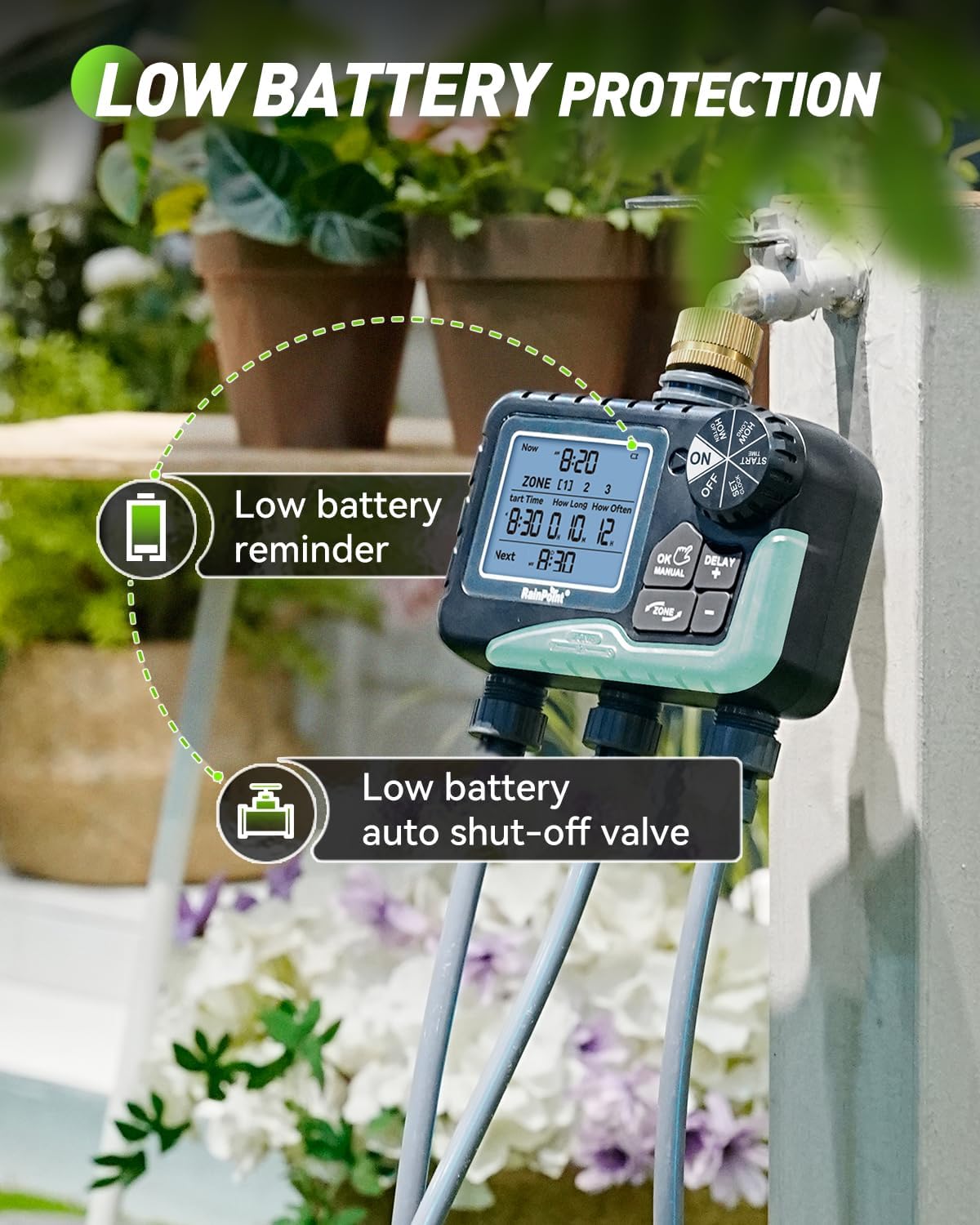 RAINPOINT 3 Zone Sprinkler Timer with Brass Inlet, Water Timer for Garden Hose,Rain Delay/Manual/Automatic Watering