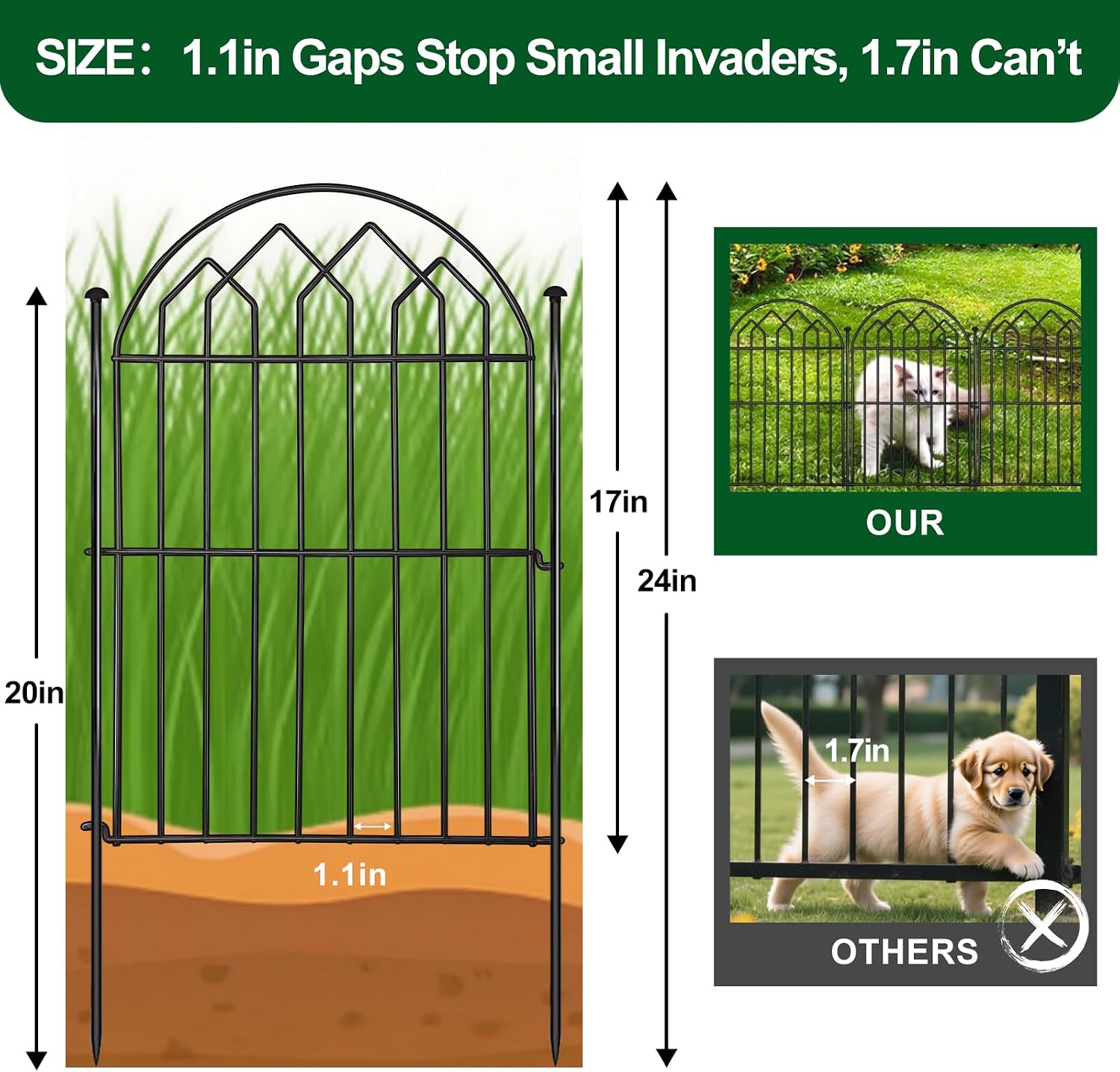 Decorative Garden Fence 17in x 10.8ft (10 Panels), Rustproof Metal No Dig Arched Garden Border Fencing with Stakes