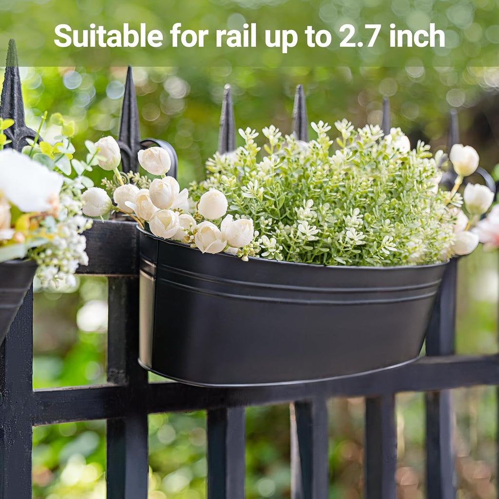 Dahey 15 Inches Railing Planter Box 3 Pcs Metal Hanging Flower Pots, Black | 2.7" Width Detachable Hooks, Outdoor