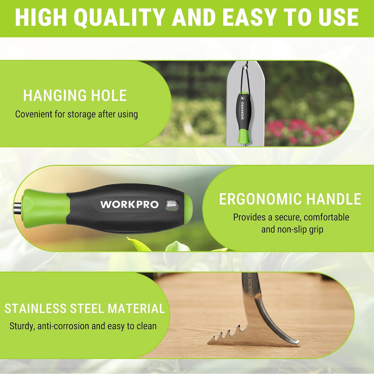 WORKPRO 3-Piece Weed Puller Tool Set | 15" 6-Tine Weed Remover, 12" Hand Weeder, 12.5" Crack Weeder, Stainless Steel