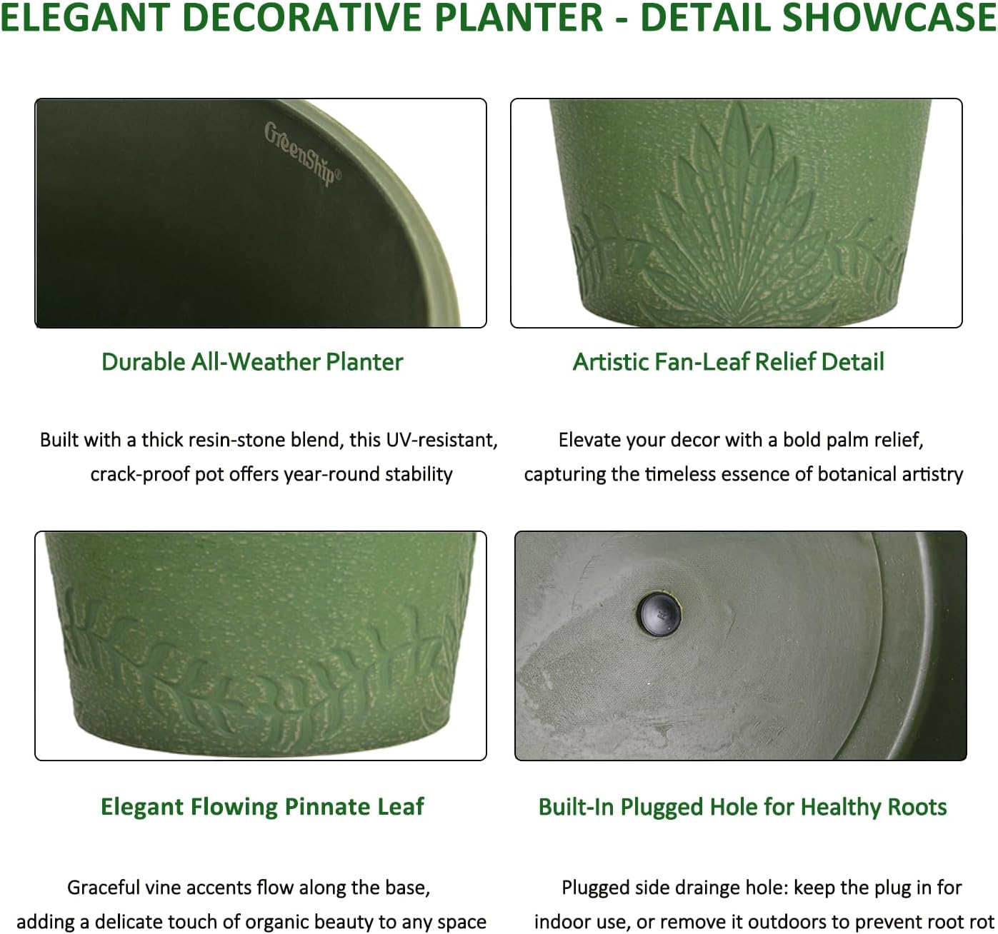 GreenShip 15 inch Large Planters for Outdoor Plants, Set of 2 | 7 gal, Large Indoor Planter, Recycled Resin & Stone