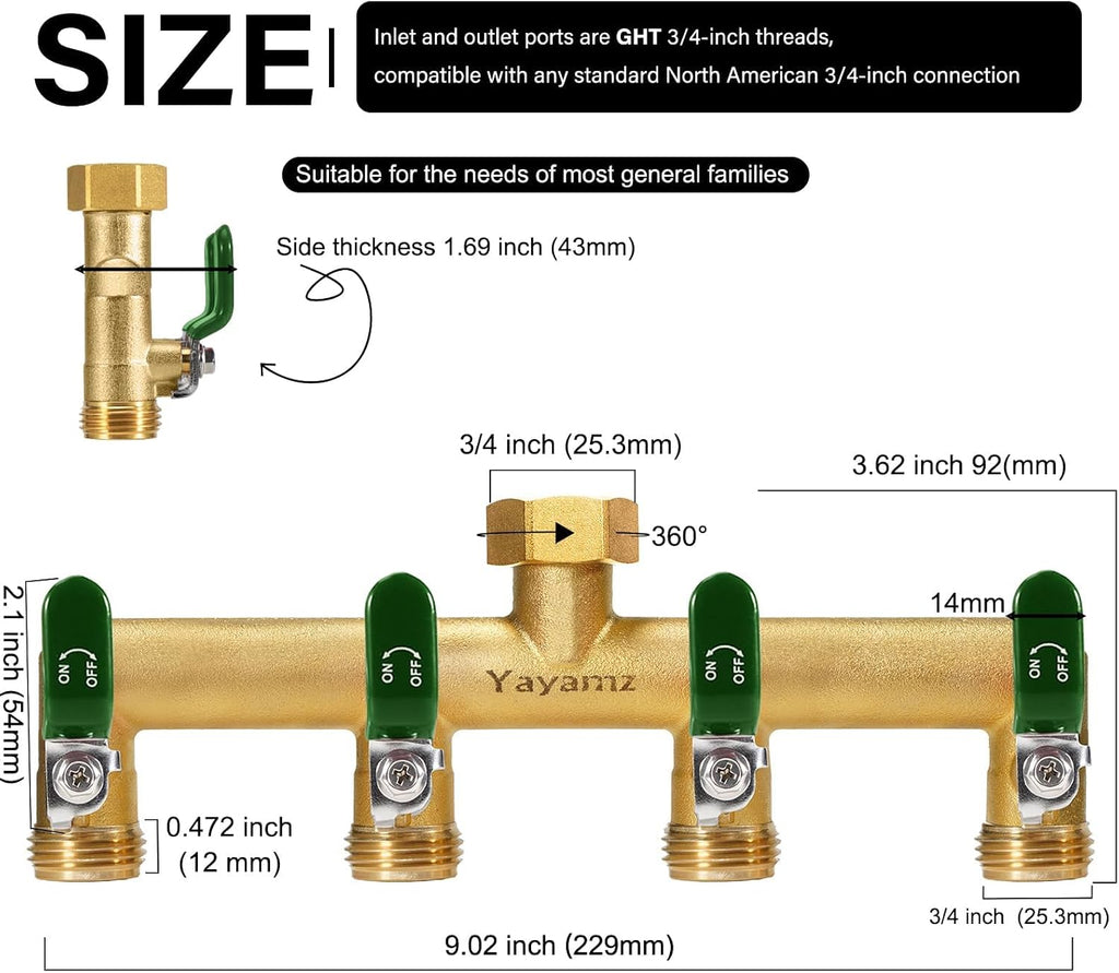 4 Way Garden Hose Splitter, 3/4" GHT Outdoor Water Spigot Splitter | Heavy Duty Solid Brass Body with Shut-off Valves &