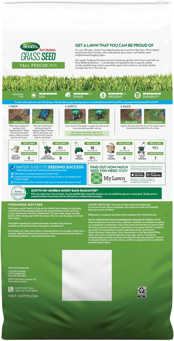 Scotts Turf Builder Grass Seed Tall Fescue Mix, 32 lbs. | Durable to Resist Harsh Conditions, Lawn Seed, Grass