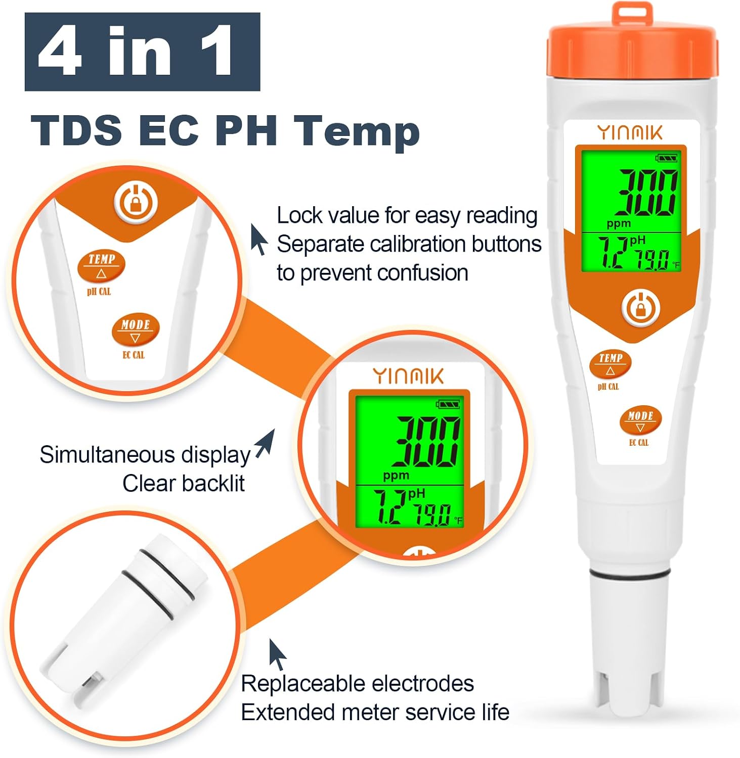 Hydroponics EC pH Tester, Simultaneous Display pH ppm for Reservoir Water | Continuous Monitoring of pH Conductivity