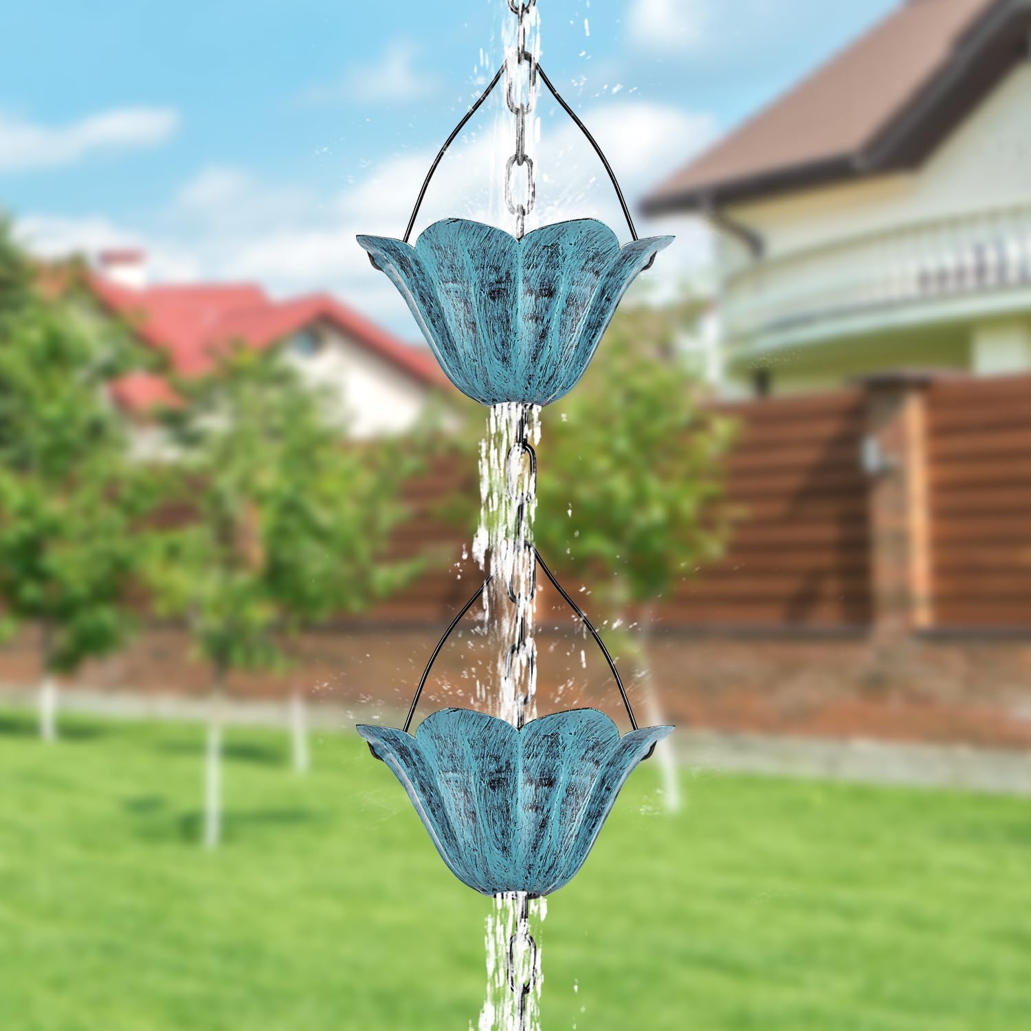 8.5 FT Tulip Rain Chain with 12 Cups for Gutters Downspouts Outside | Metal Material, Large Flower Opening to Avoid