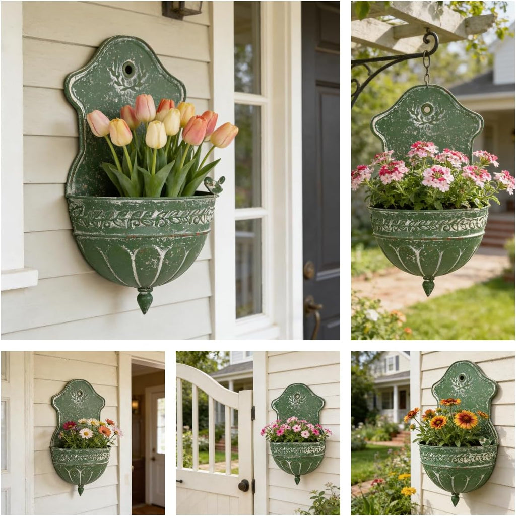 Vintage Distressed Green Metal Wall Planter, Rustic Hanging Pocket Planter with Scrollwork & Scalloped Design