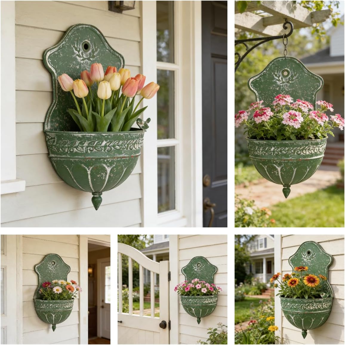 Vintage Distressed Green Metal Wall Planter, Rustic Hanging Pocket Planter with Scrollwork & Scalloped Design