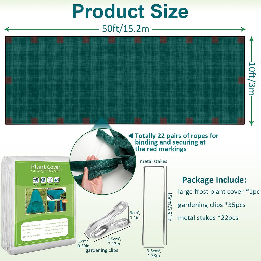 Plant Covers Freeze Protection, 10ft x 50ft 1.41 oz/yd² Frost Cloth Plant Blankets Floating Row Covers with 35