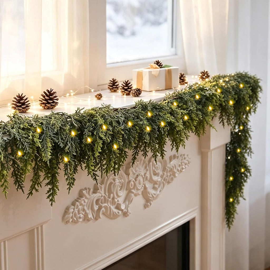 9 Ft Christmas Cedar Garland, Real Touch Soft Greenery Mantel Decor