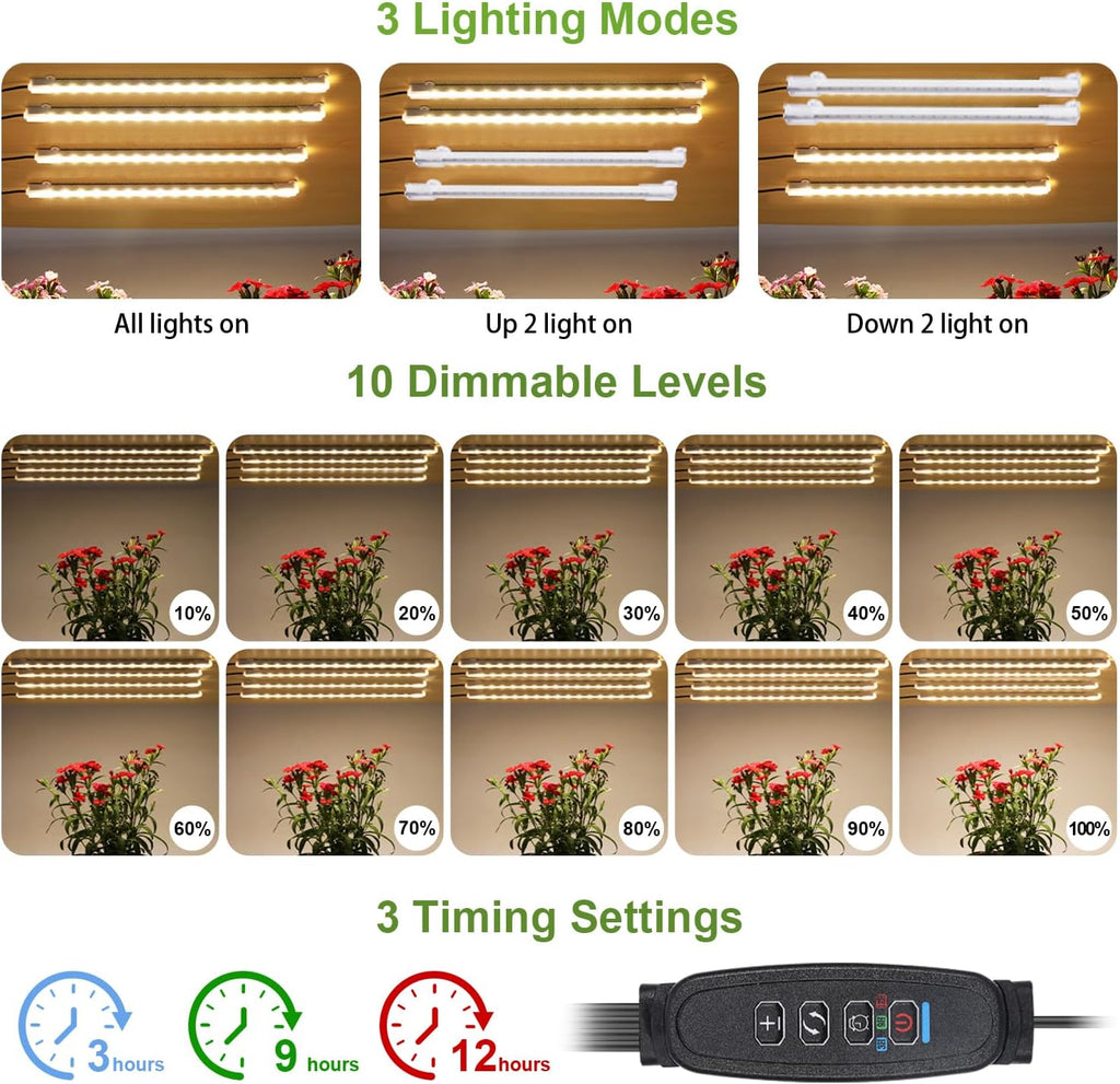 8.6'' LED Grow Light Strips, Full Spectrum 3500K Grow Lights for Indoor Plants, 4 Head with 3/9/12H Timer, 10 Dimmable