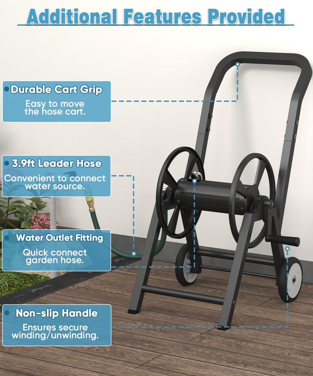 Garden Hose Reel Cart with Wheels, Holds 165 ft of 5/8’’ Hose Outdoor Heavy Duty Powder-coated Steel Water Storage