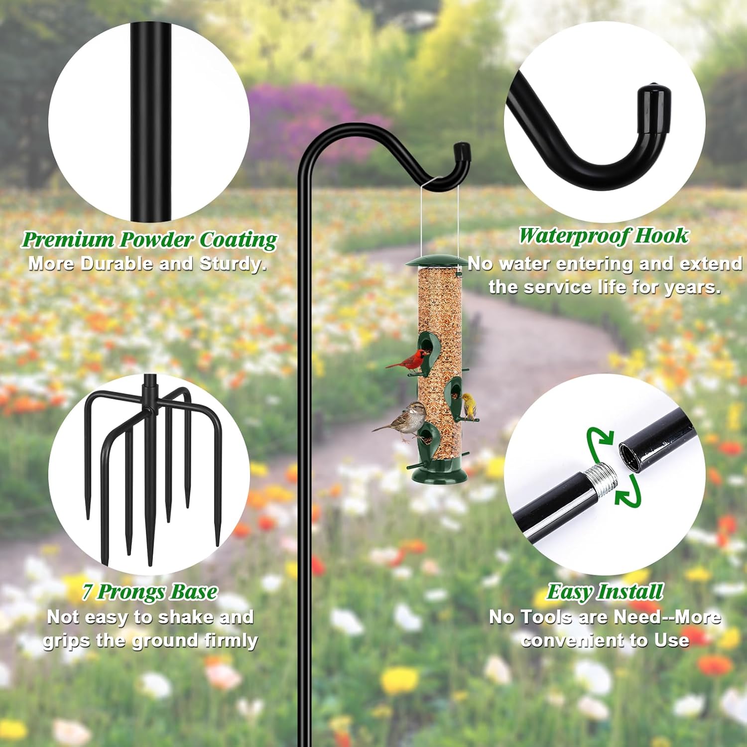 76'' Bird Feeder Pole, Heavy Duty Shepherds Hooks for Outdoor with 7-Prong Base, Adjustable Shepherds Hook for