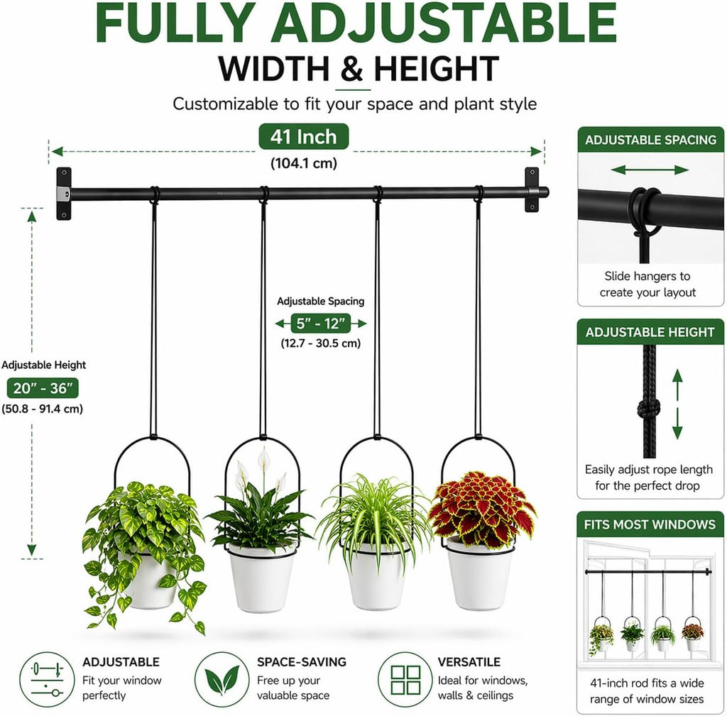 Adjustable Hanging Window Planter with 4 Pots, Space Saving Indoor Herb Garden Plant Hanger, Metal Vertical Plant Rack