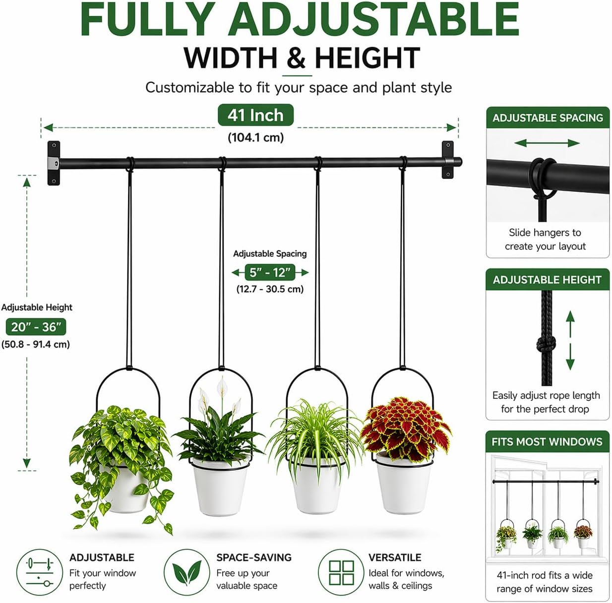 Adjustable Hanging Window Planter with 4 Pots, Space Saving Indoor Herb Garden Plant Hanger, Metal Vertical Plant Rack