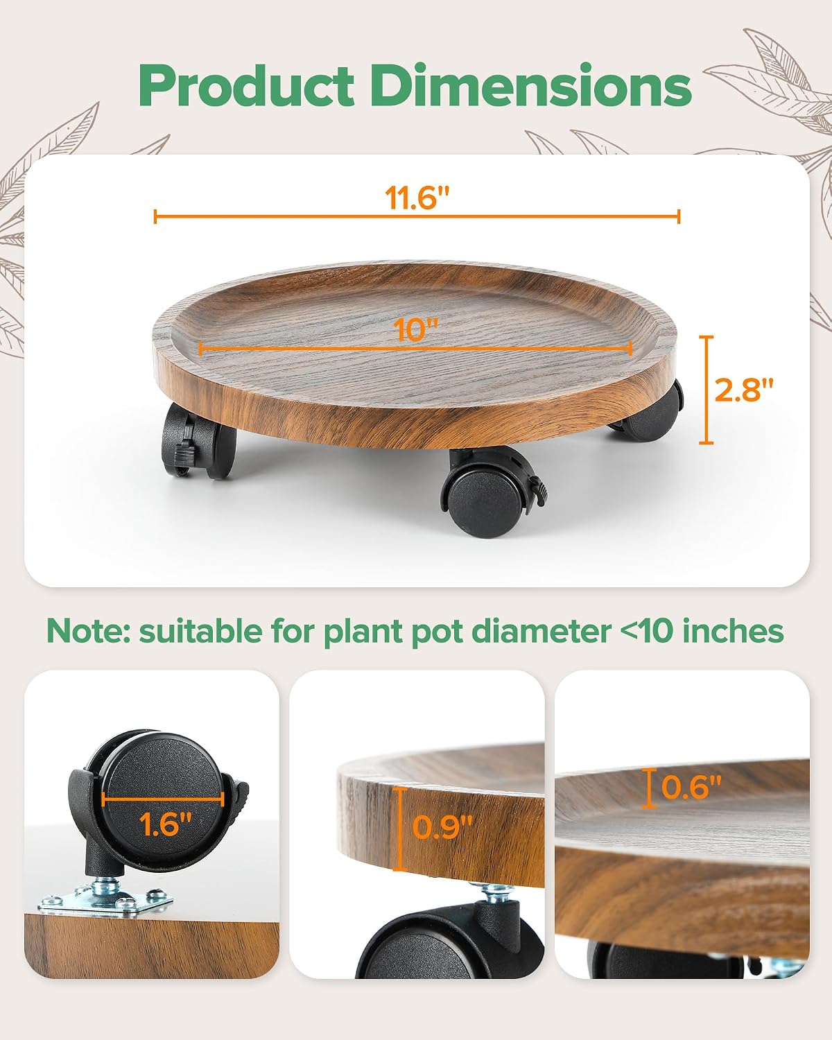 2 Pack Plant Caddy with Wheels, 12" Wood Rolling Plant Stand with 360° Lockable Wheels, Plant Stands Outdoor for Large