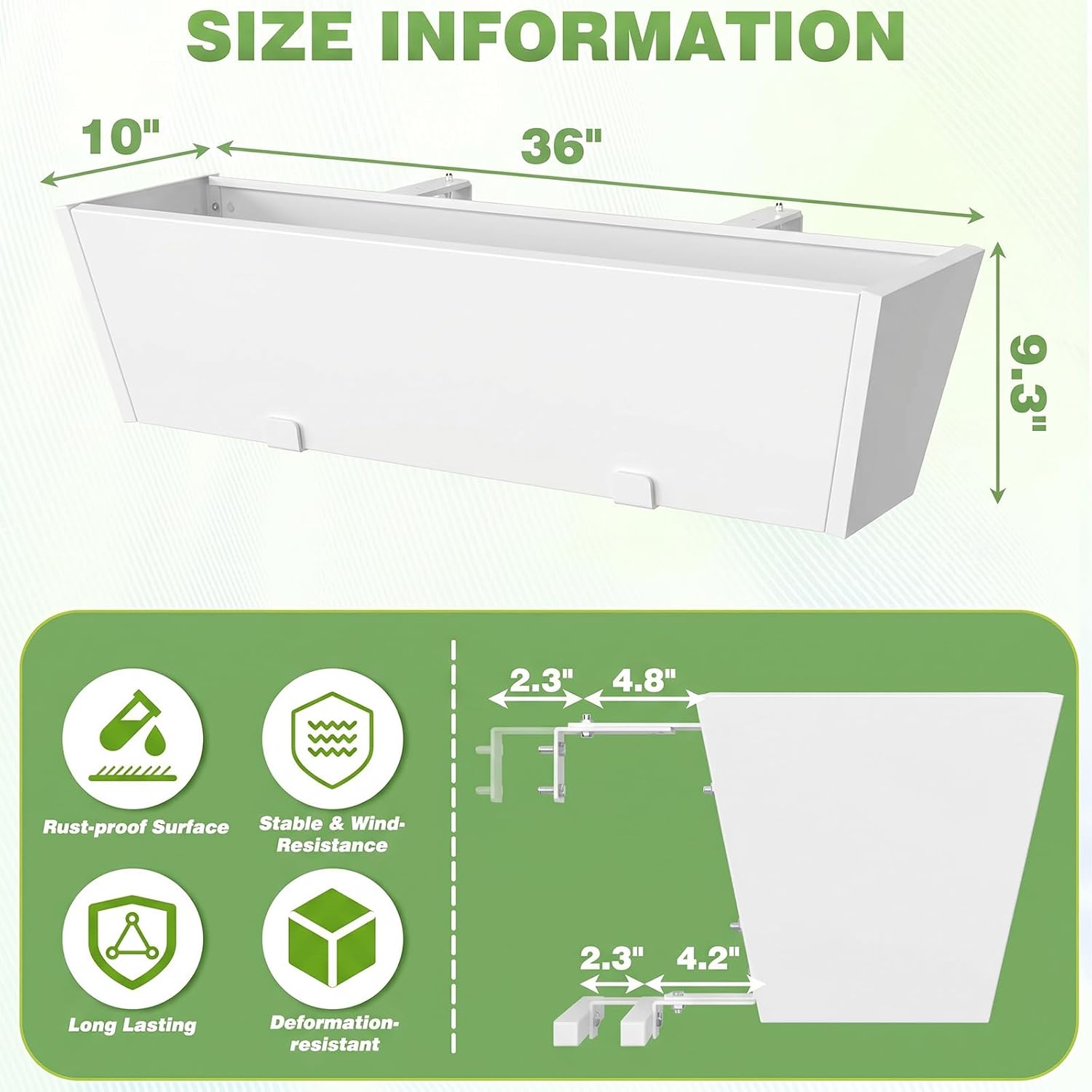 Railing Planter for Outdoor Plants 36'' Metal Hanging Flower Pot with Adjustable Brackets & Drainage Railing Planter