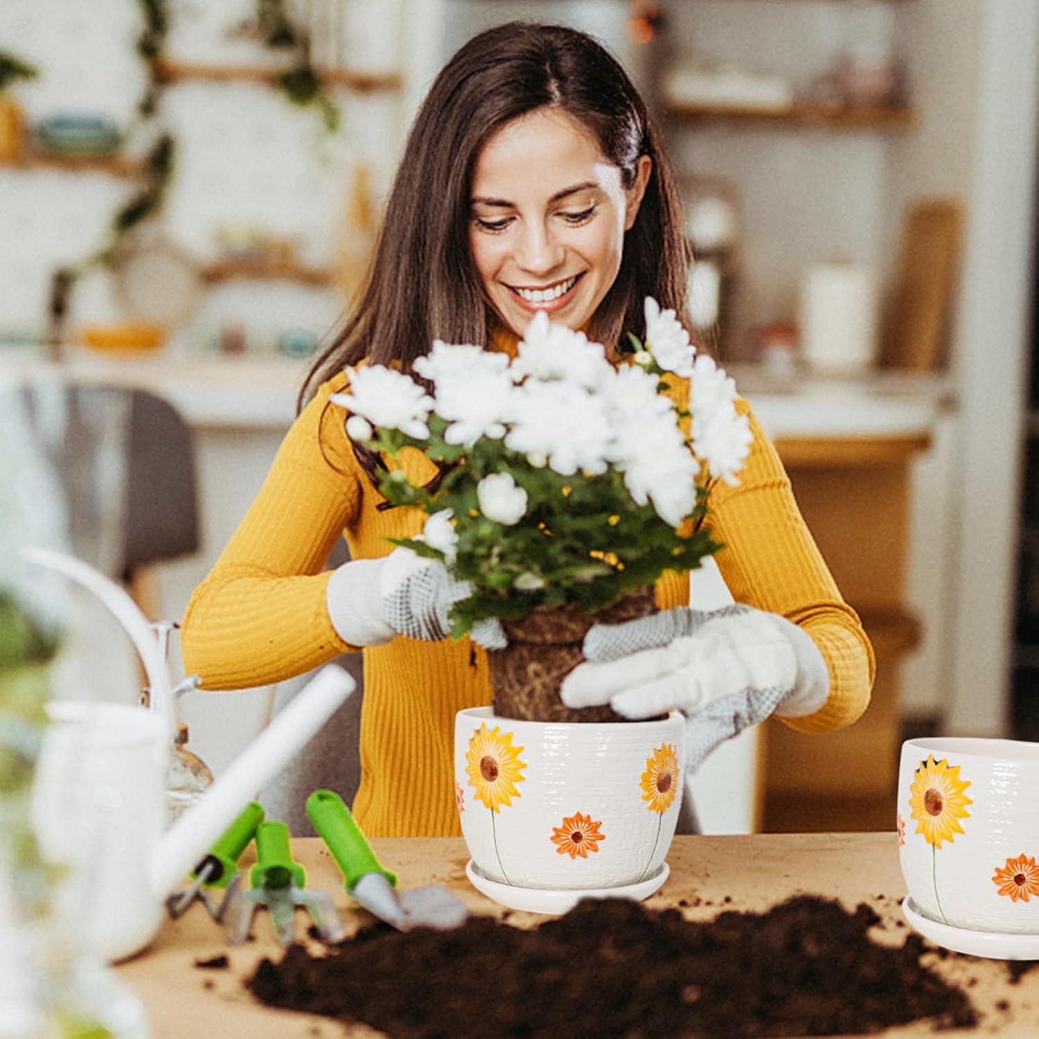 Hlukana Ceramic Plant Pots Set of 3, 6.75/5.6/4.2 inch Planters with Drainage Holes and Saucer, Flower Pots Outdoor