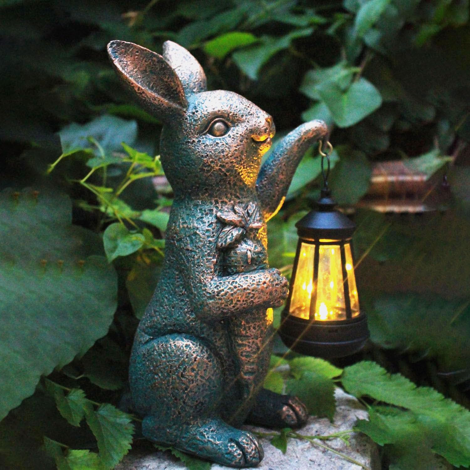 Solar Garden Statues -Rabbit Lantern Outdoor Handmade Resin Statue with LED Light, Cute Carrot Holder for Patio, Yard