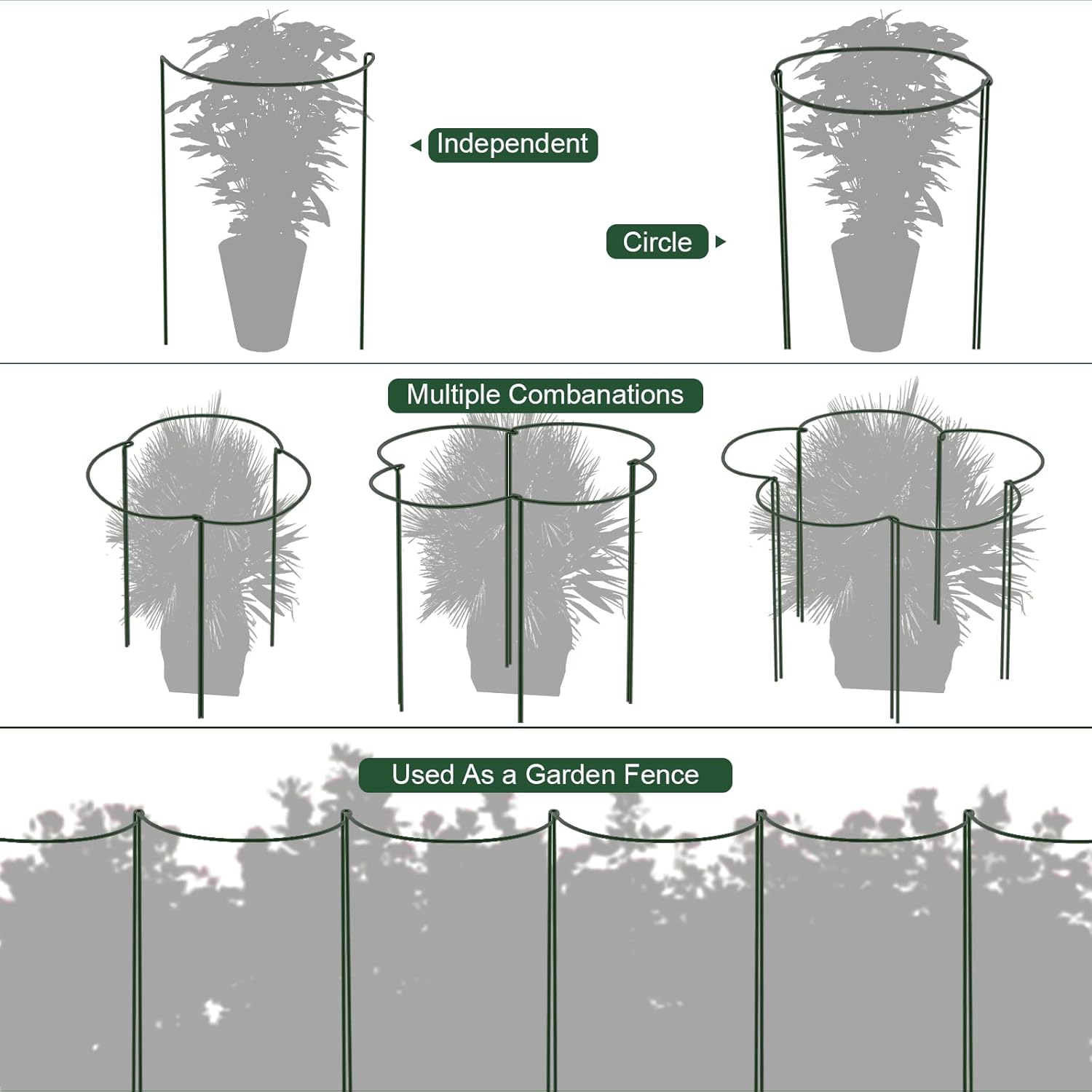 12 Pack Plant Support Stakes, Peony Cages and Supports, Metal Garden Plant Stake(10" Wide x 16" High) Green Half Round