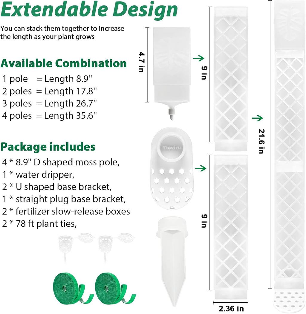 4 Psc 9 Inch D Shaped Moss Pole with Watering Dripper, Plastic Moss Poles for Climbing Plants, Sturdy Monstera Plant
