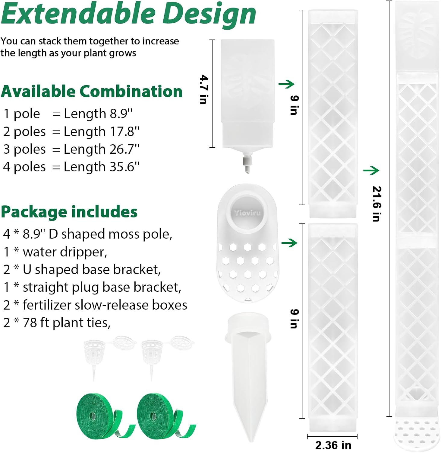 4 Psc 9 Inch D Shaped Moss Pole with Watering Dripper, Plastic Moss Poles for Climbing Plants, Sturdy Monstera Plant