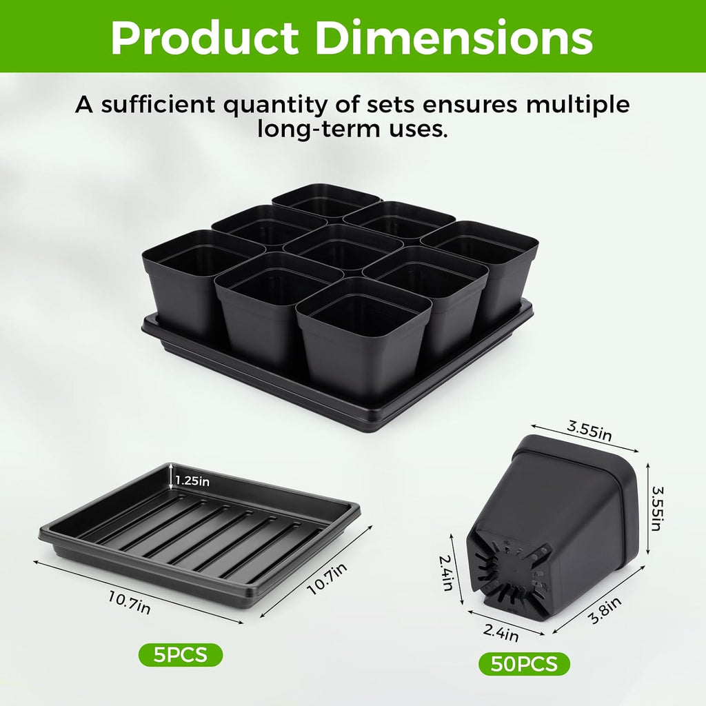 Seed Starter Tray Kit 3.5" 50 Pcs Square Nursery Pots Trays 9 Cell Seed Starting Pots with Drainage Holes 5 Pcs Seed
