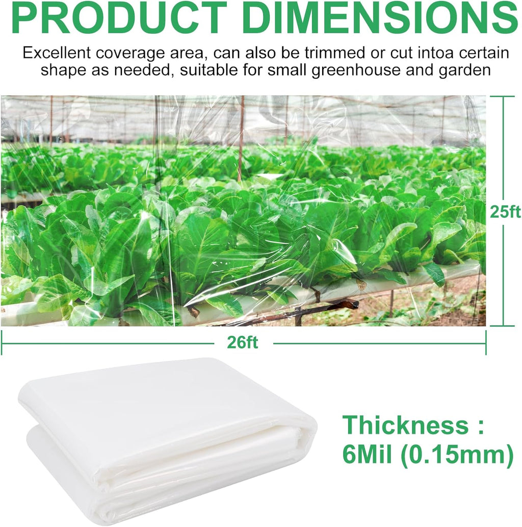 Farm Clear Greenhouse Plastic Film Sheeting Cover, 25ft by 26ft, 6 mil UV Resistant Polyethylene Film, Hoop House