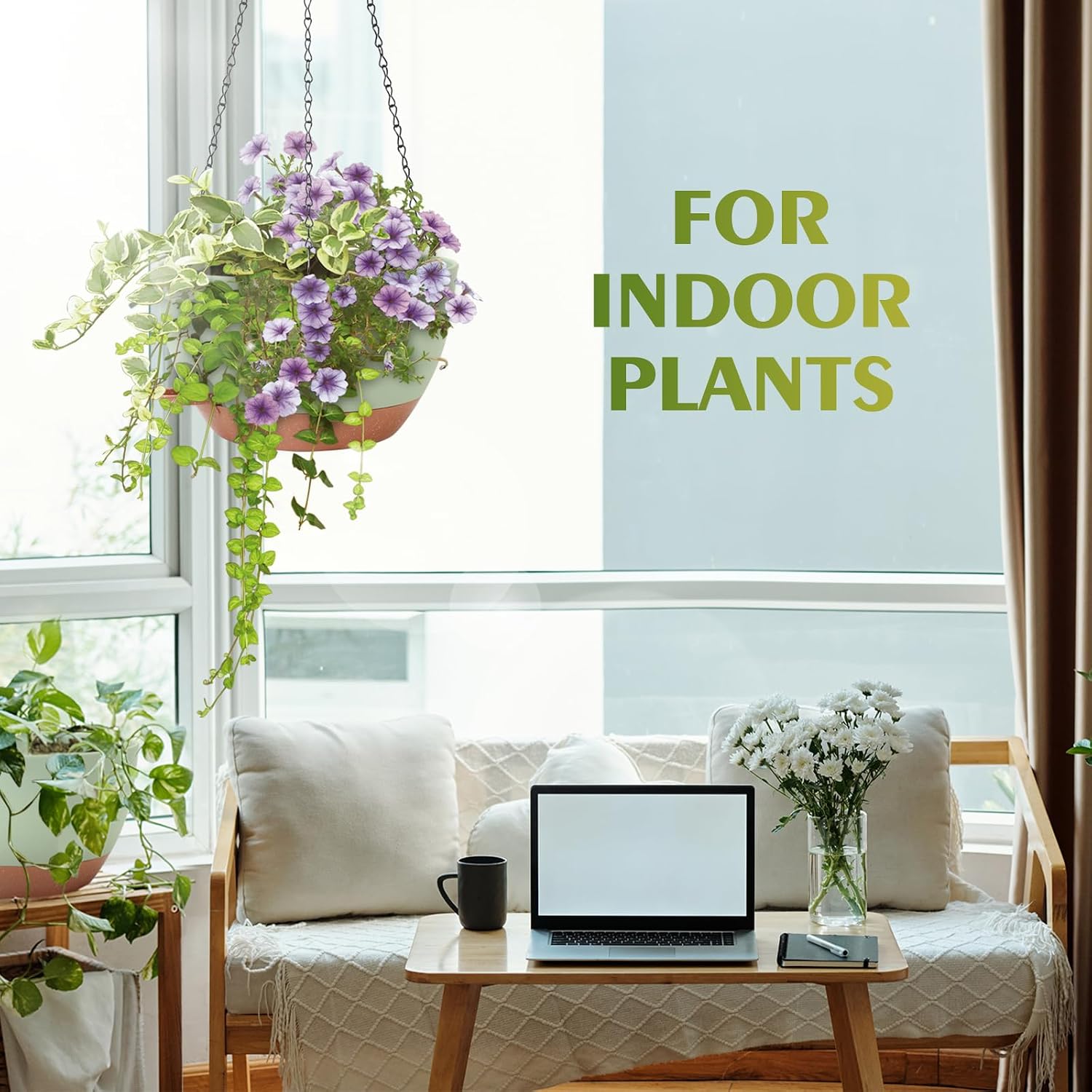 Hanging Planters, Self Watering, Green 12 Inch 2 Pack with Drainage | Indoor Outdoor Use, Removable Drainage Tray
